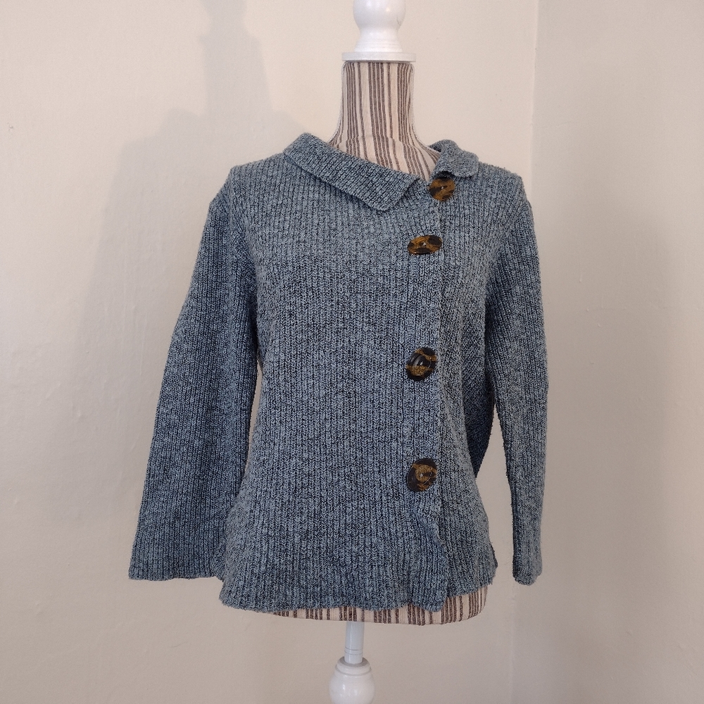 Willow Teal Blue Button Front 3/4 Sleeve Sweater Size S